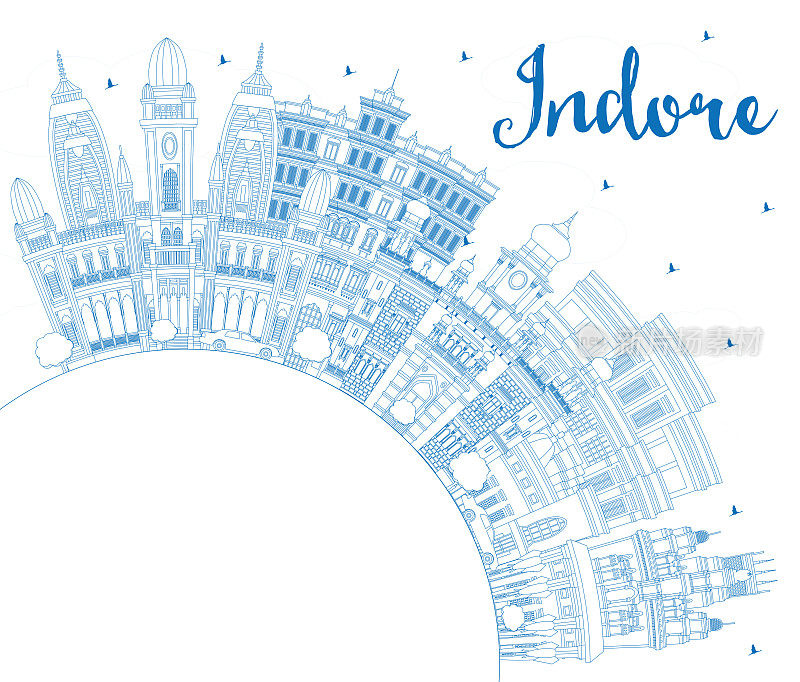 Outline Indore India City Skyline with Blue Buildings and Copy Space. Vector Illustration.